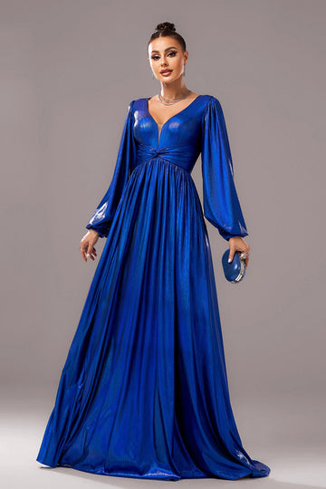 Royal Blue A Line V Neck Long Sleeves Pleated Long Formal Dress